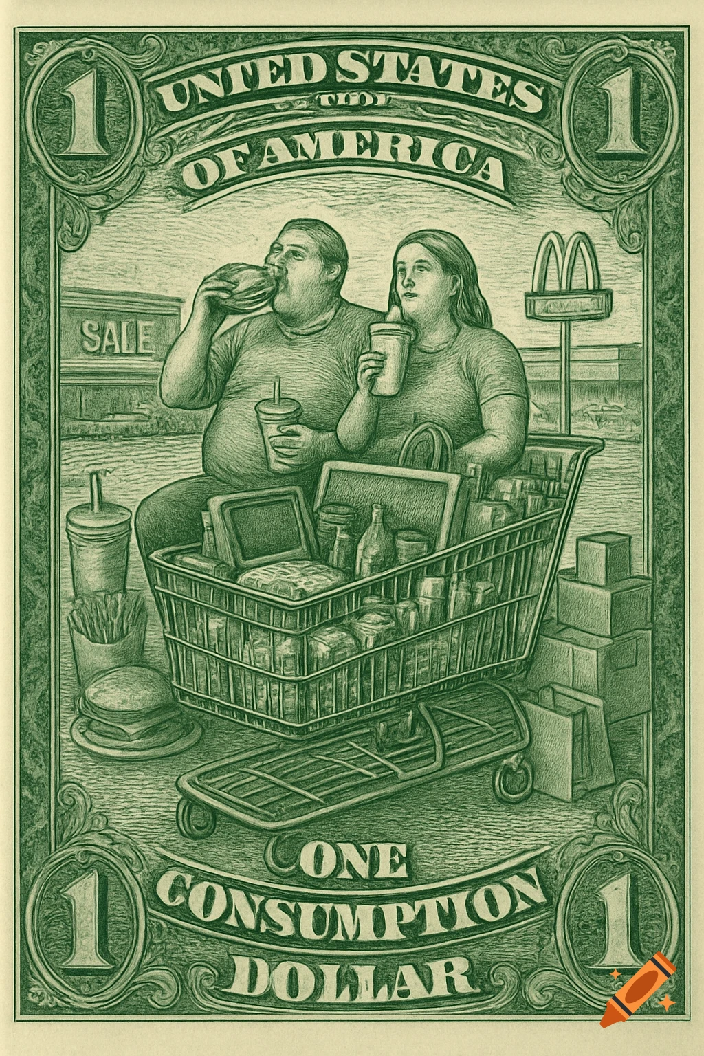 Engraved currency-style illustration of two people eating fast food in a shopping cart filled with goods, labeled 'ONE CONSUMPTION DOLLAR'.