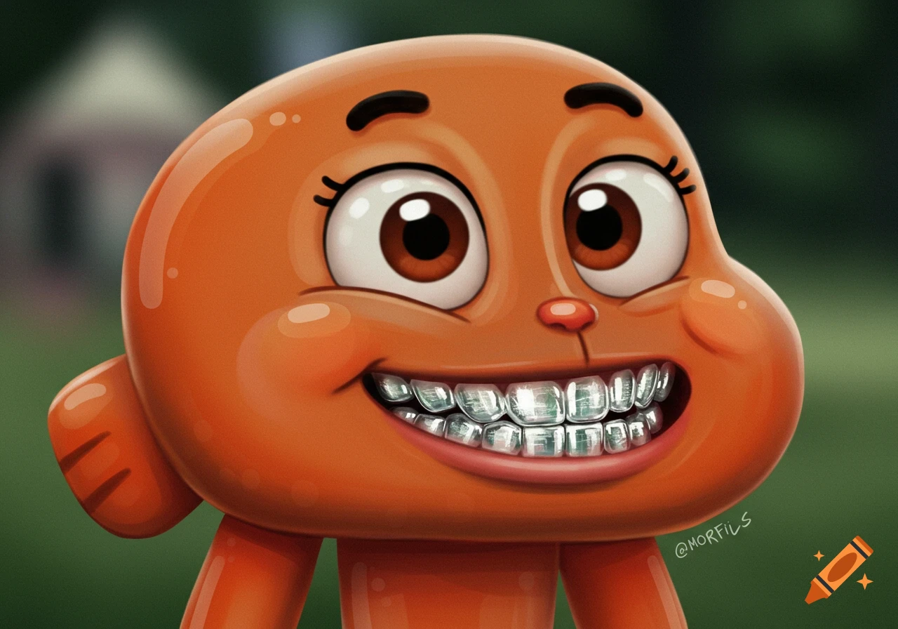 A realistic digital art close-up of Darwin Watterson from Gumball, smiling widely to show off shiny silver grillz on his teeth.