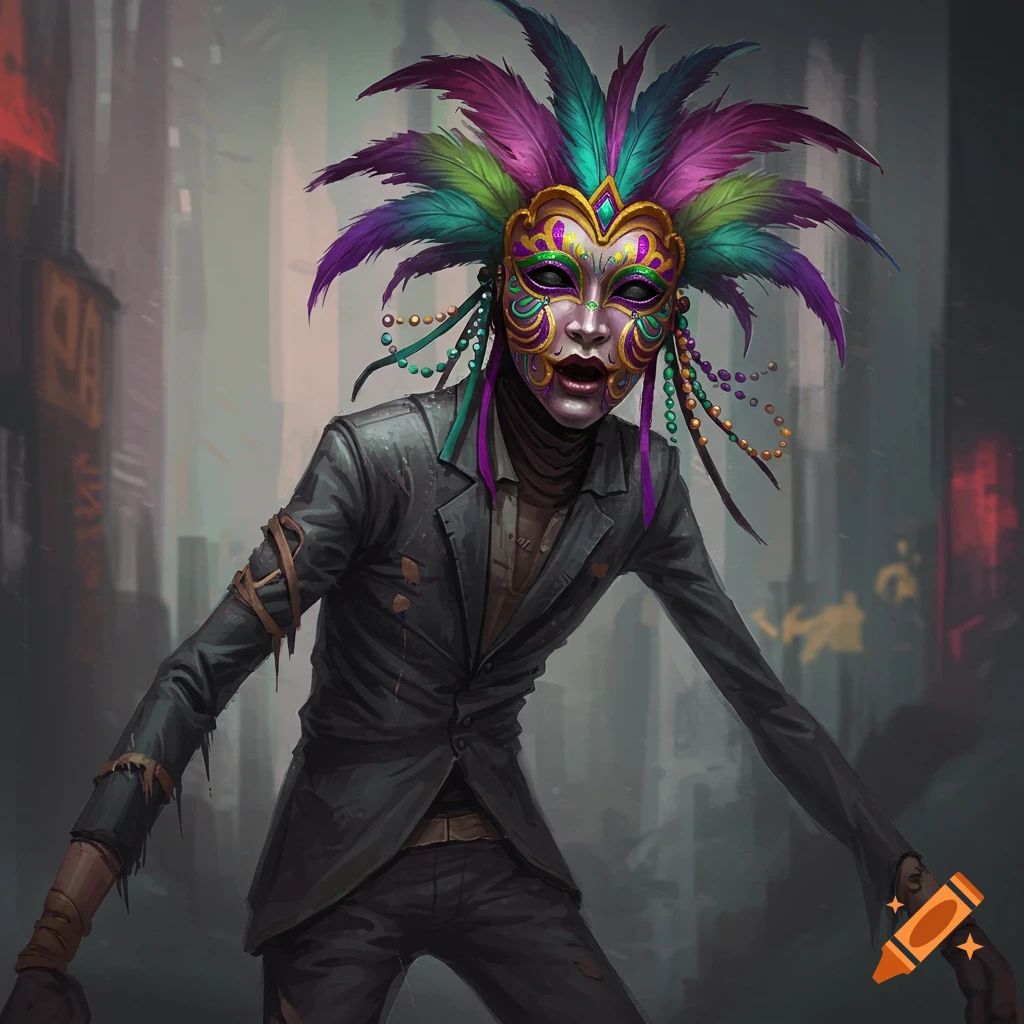 A lanky figure in a tattered suit and a colorful Mardi Gras mask with feathers and beads, standing in a dark, urban setting.