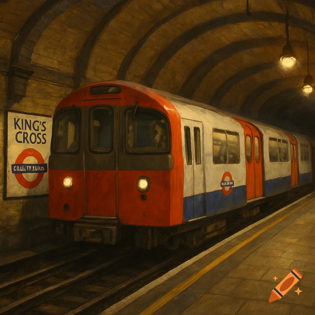 A stylized painting of a red and white London Underground train arriving at King's Cross station, illuminated by warm lights in a tunnel.