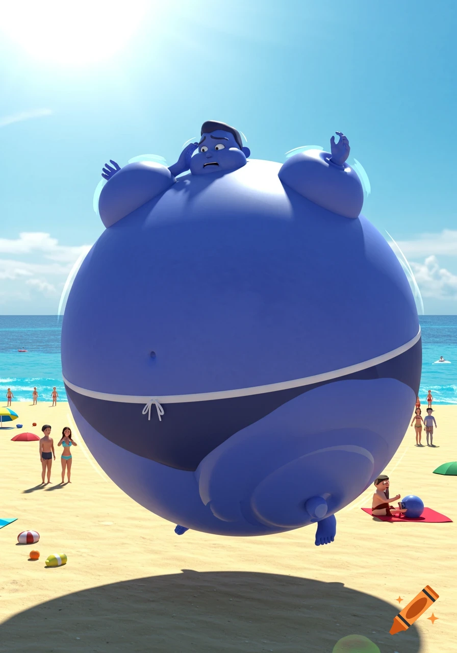 A 3D cartoon image of a man, inflated into a giant blue sphere, floating above a sunny beach with other small beachgoers.