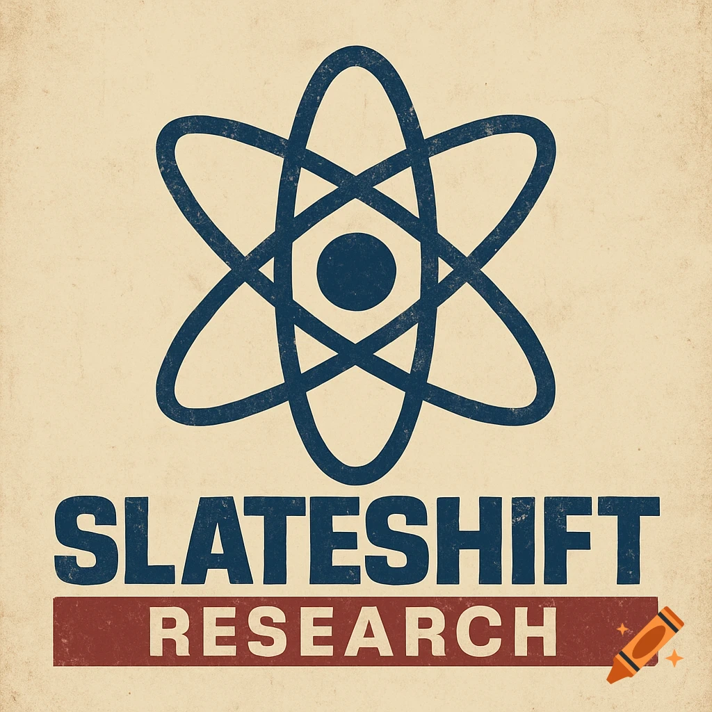 Vintage-style logo for Slateshift Research with a blue atom symbol on a distressed beige background.