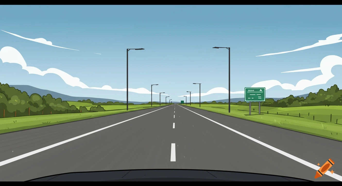 A cartoon, vector-style view from a car driving on an empty, three-lane highway, with green fields, trees, and streetlights under a blue sky.
