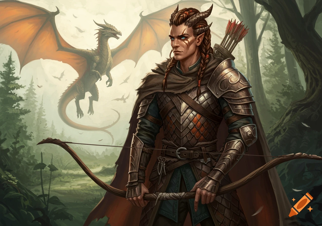 A fantasy hunter with horns and braids holds a bow, with a dragon flying in the background of a forest.