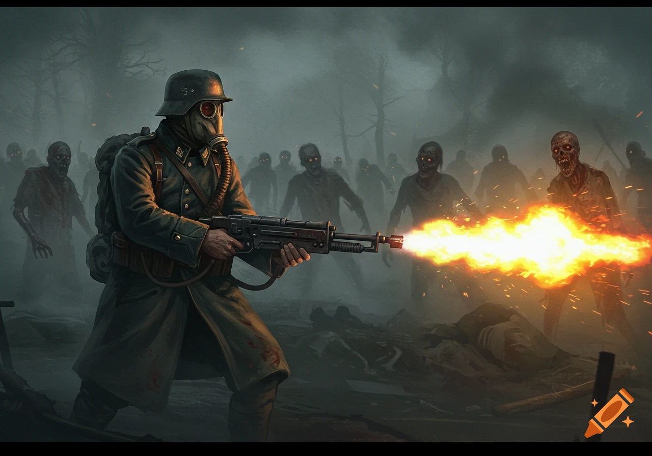 A soldier in a gas mask and helmet, firing a flamethrower at a horde of zombies in a foggy, dark landscape.