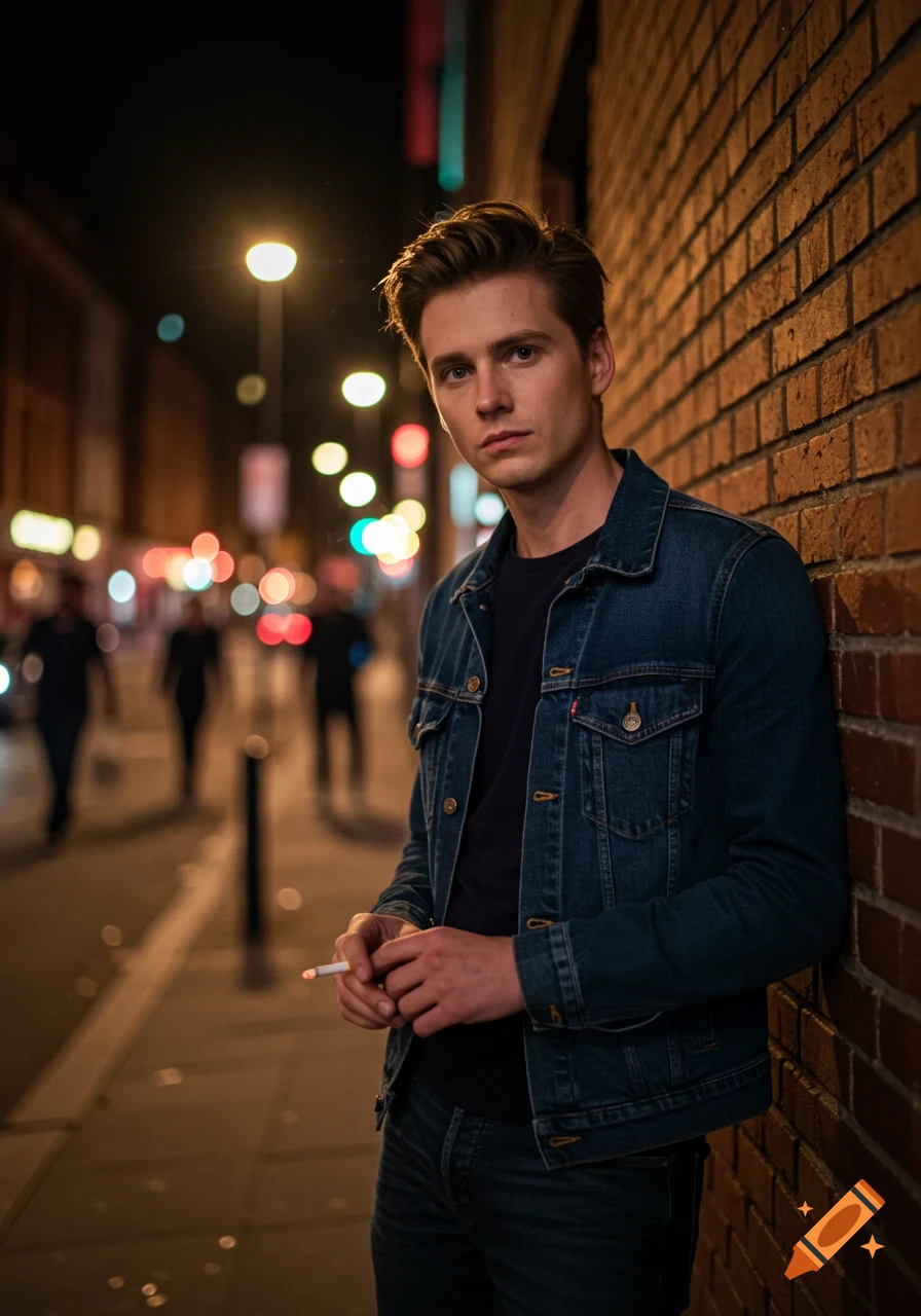 A handsome man in a denim jacket leans against a brick wall at night, holding a lit cigarette. City lights blur in the background.