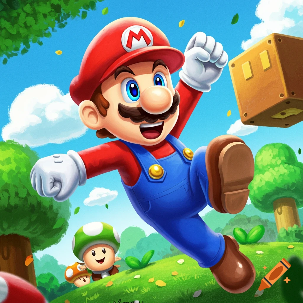 Cartoon illustration of Mario jumping in a vibrant green landscape with trees, a blue sky, and a block.