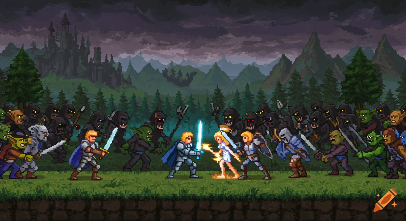 A pixelated, 16-bit fantasy battle scene showing light warriors fighting dark forces against a dark castle backdrop.