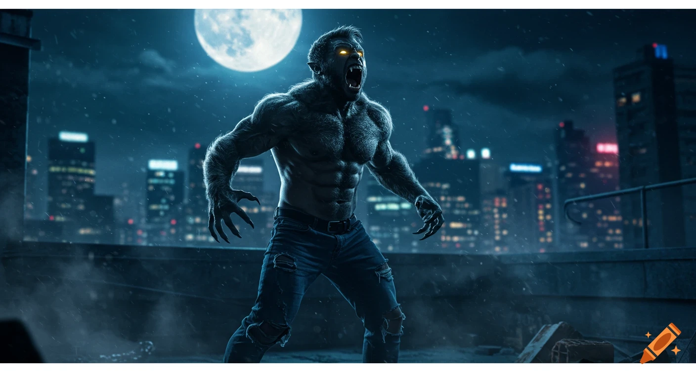 A muscular werewolf with glowing yellow eyes roaring on a dark, snowy city rooftop under a bright full moon, photorealistic.