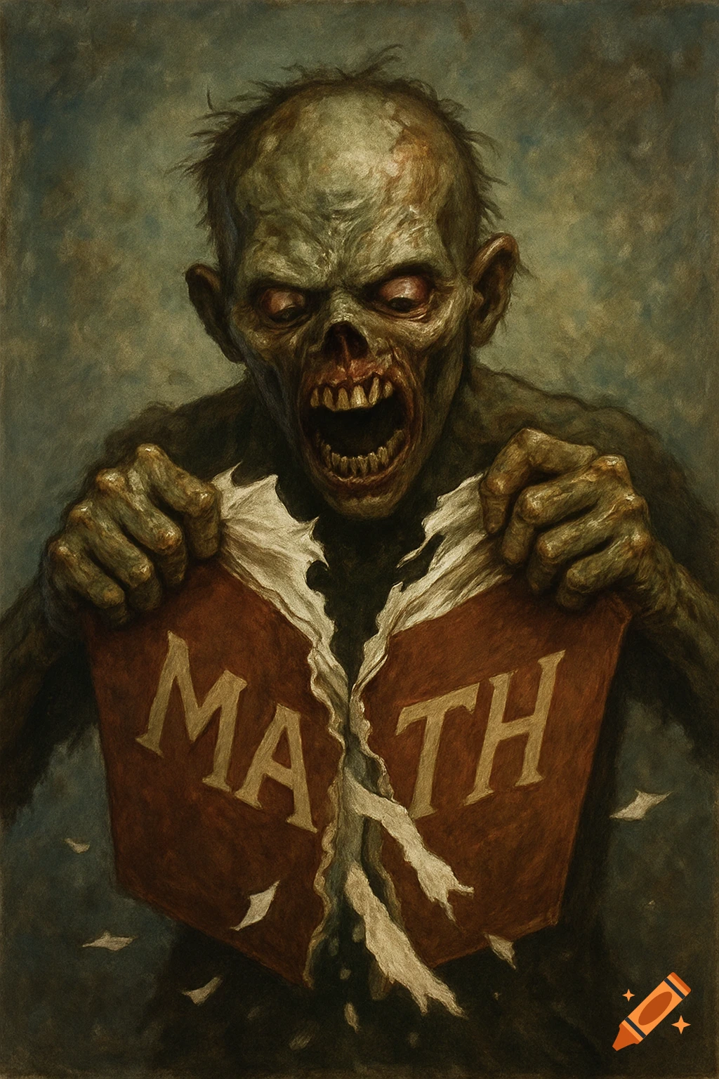 A grotesque zombie with green skin and glowing red eyes screams while tearing a red book titled 'MATH' in half, painted in a dark, textured style.