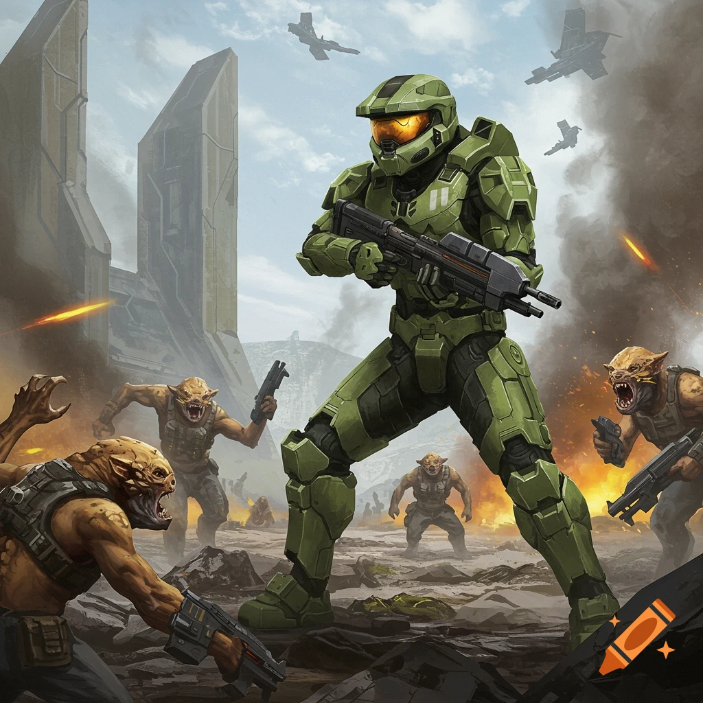 Master Chief, in green armor, stands ready with a rifle amidst a battle against aggressive alien Grunts in a sci-fi landscape.