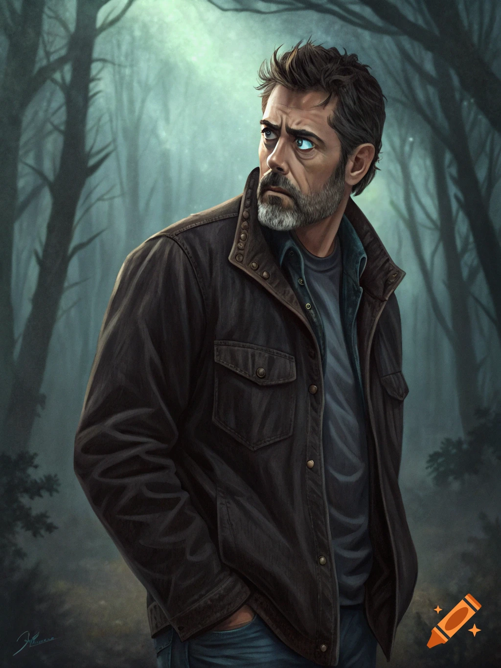 A stylized digital painting of a serious, bearded man in a dark jacket looking over his shoulder in a misty forest.