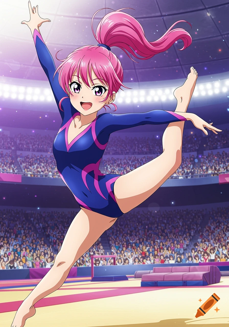Anime girl in a blue and pink leotard performing a gymnastics pose in a stadium with spectators.