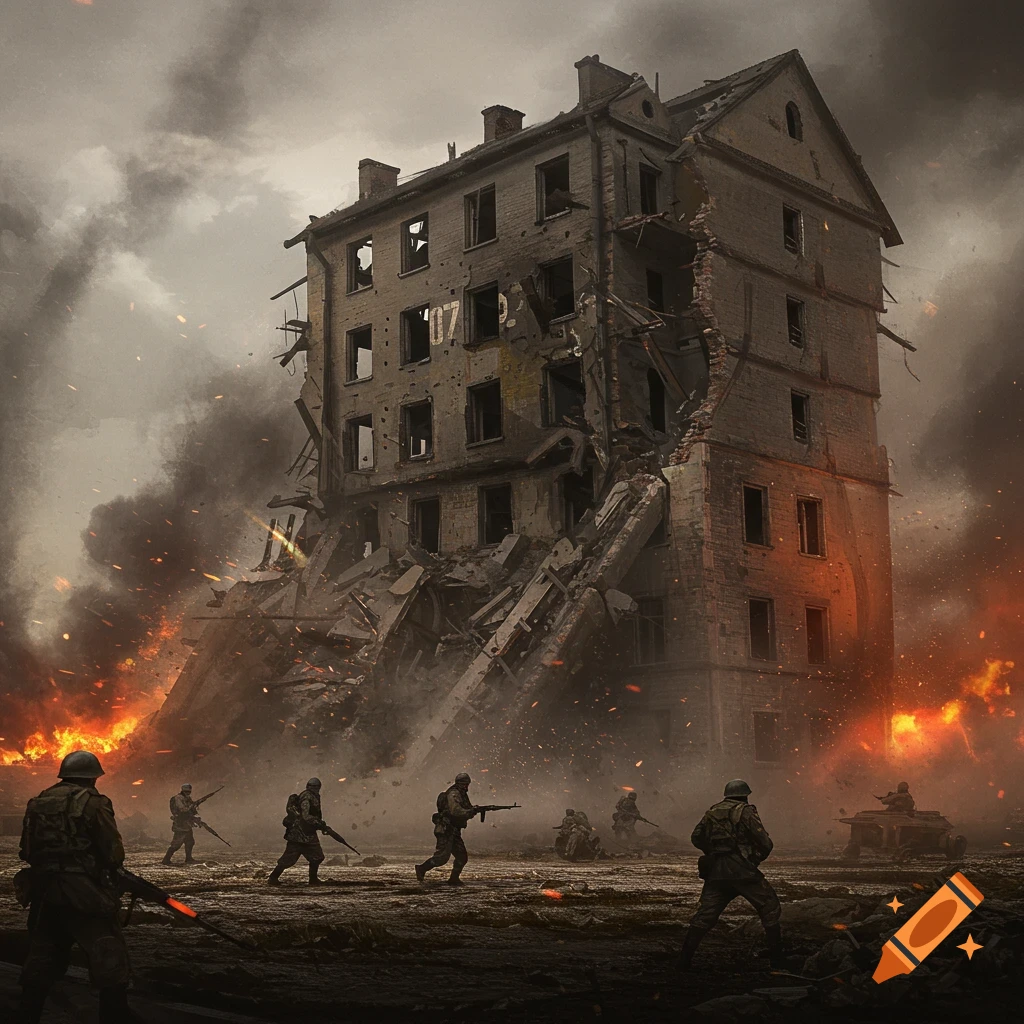 Soldiers move past a heavily damaged, collapsing building engulfed in ...