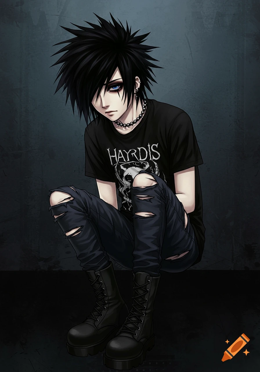 Anime-style emo boy with spiky black hair, dark makeup, ripped jeans, and a band t-shirt, squatting.