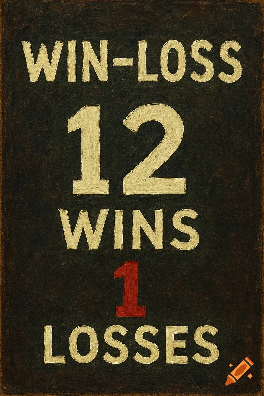 A dark textured sign displaying 'WIN-LOSS', '12 WINS', and '1 LOSSES' with the number 1 in red.