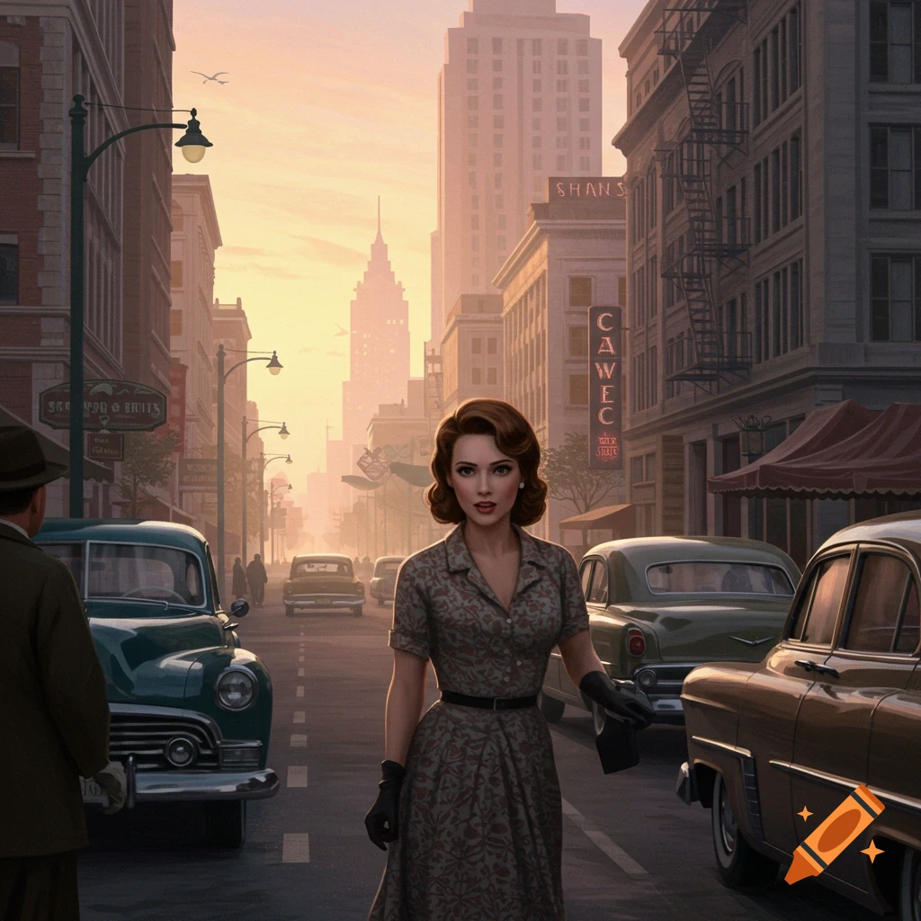 A woman in a vintage dress walks down a busy 1950s city street with classic cars and tall buildings at sunrise.