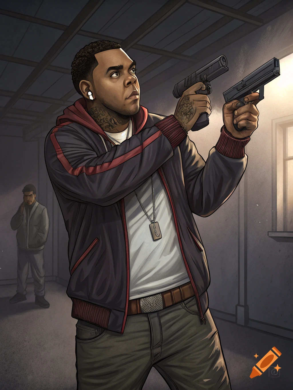 An illustrated man with tattoos, wearing a dark jacket, holds two guns, looking up in a dimly lit room.