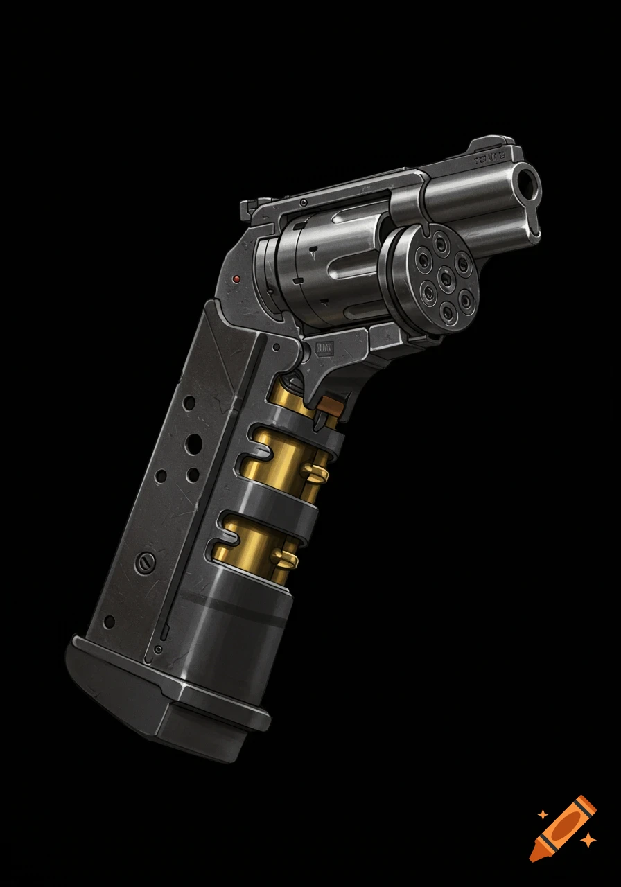A detailed, stylized revolver with an extended magazine, set against a black background.