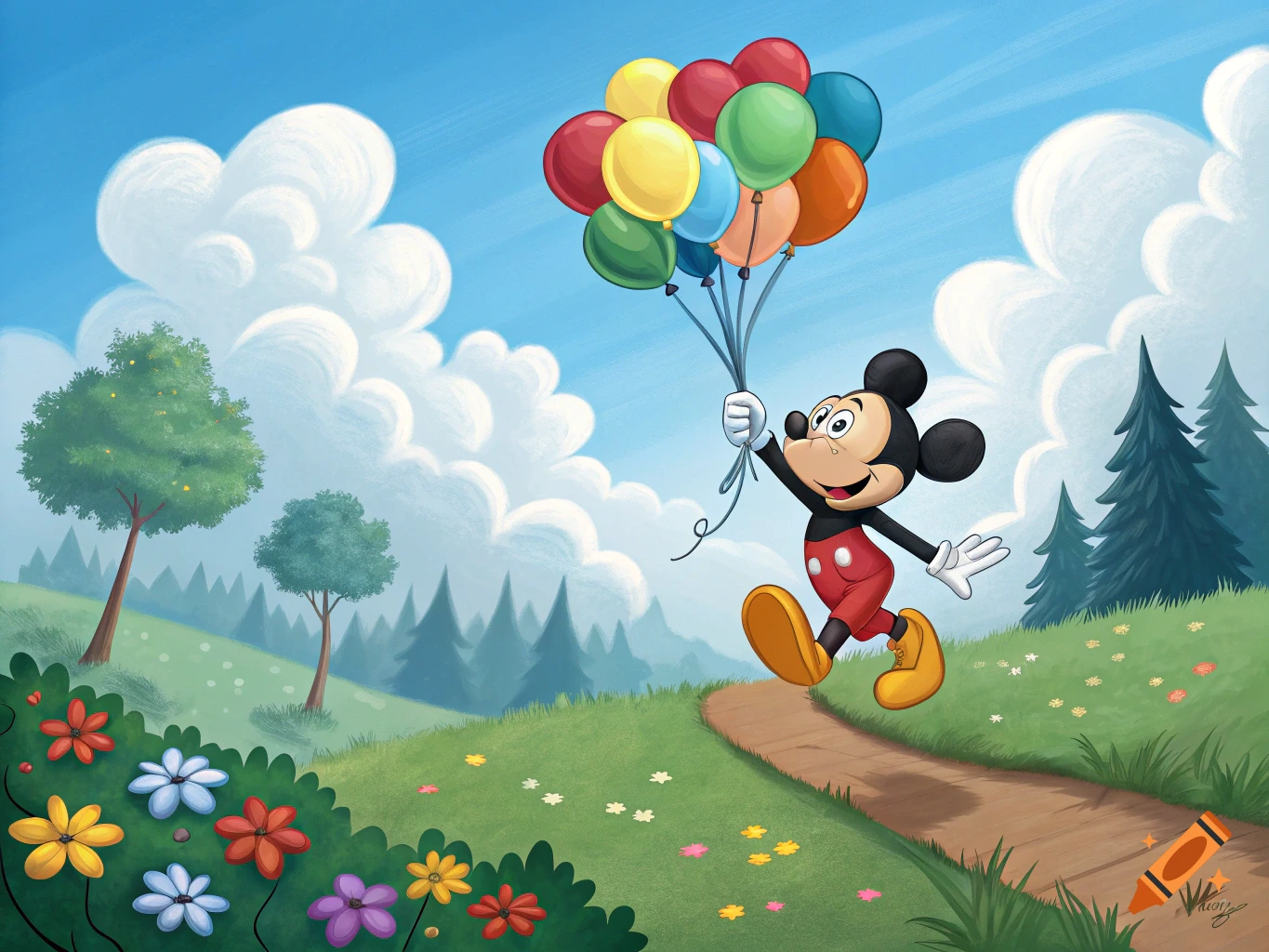 Mickey Mouse skips on a path, holding colorful balloons, in a bright cartoon landscape with green hills, trees, and flowers under a blue sky.