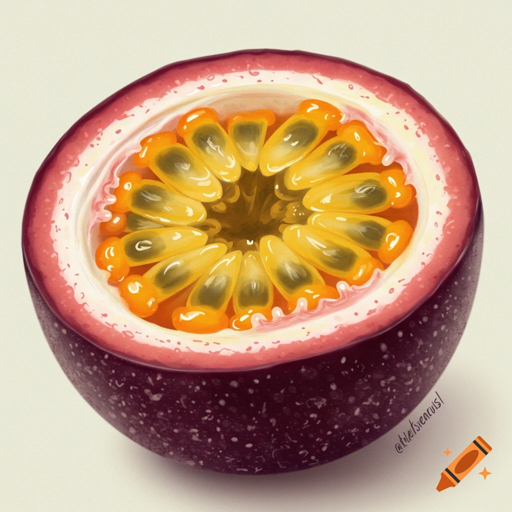 A detailed close-up of a halved passionfruit, revealing its vibrant orange pulp and black seeds.