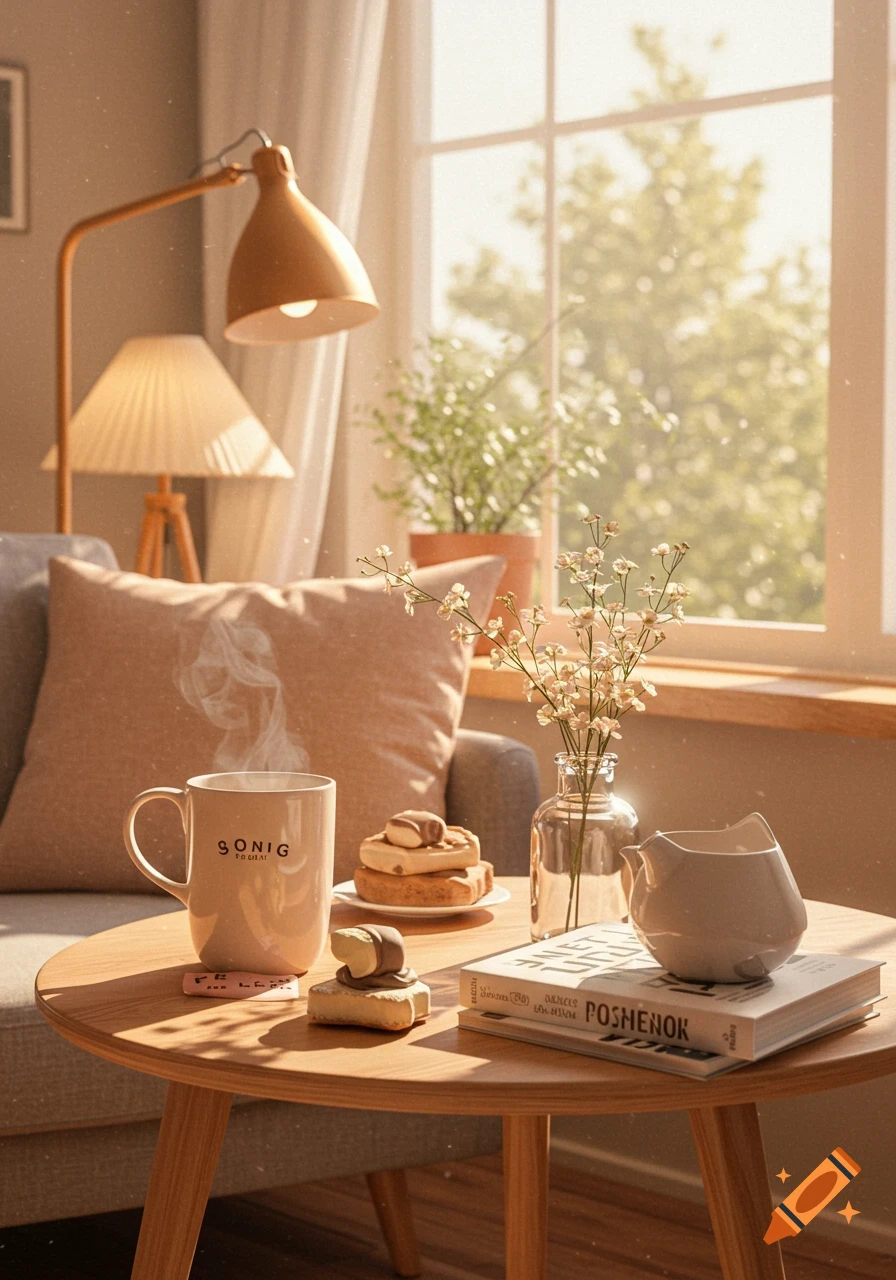 A sunlit cozy living room scene with a steaming mug, pastries, flowers in a vase, and books on a wooden coffee table.