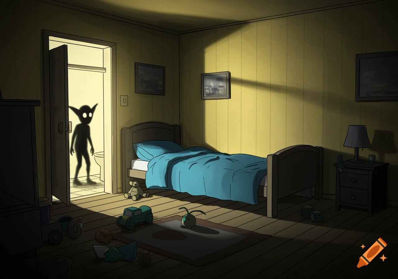 A shadowy, ear-pointed figure stands in a brightly lit doorway leading to a dark child's bedroom with a bed and toys, in a cartoon style.