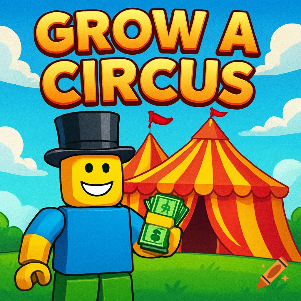 A cartoon Roblox character in a top hat smiles, holding money, with 'GROW A CIRCUS' above circus tents.