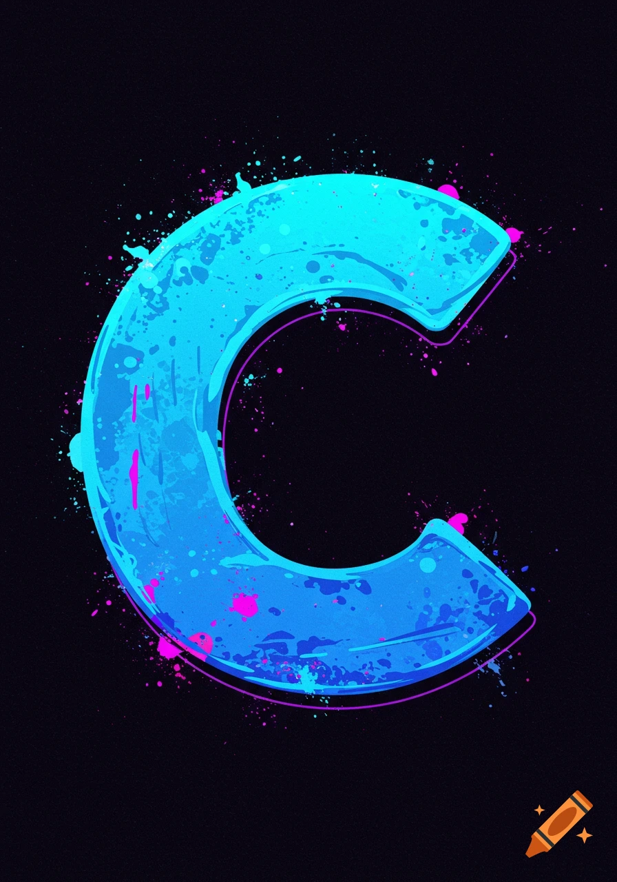 A stylized bright blue letter C with pink and cyan paint splatters on a black background.