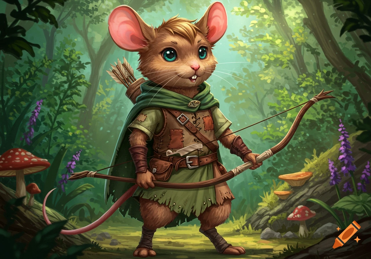 A cute mouse character, dressed as a ranger with a green cloak and bow, stands in a fantasy forest.