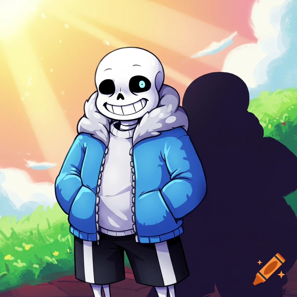 Sans, the skeleton character from Undertale, stands smiling in a blue jacket outdoors under a bright sun.