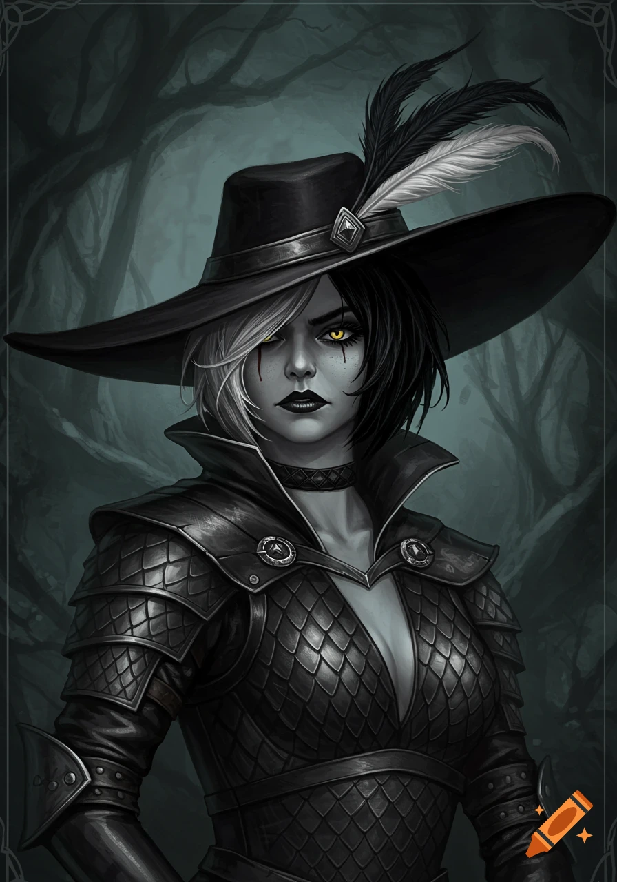 A serious fantasy character with black and white hair, yellow eyes, and dark makeup, wearing a wide-brimmed hat with feathers and detailed dragon scale armor.