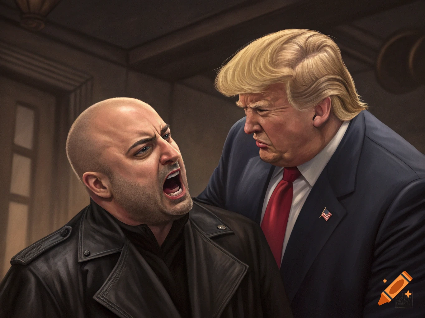 A photorealistic painting shows a bald man in a leather coat yelling, as Donald Trump glares at him from behind.