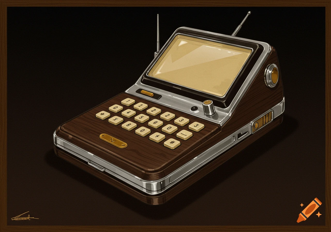 An illustration of a 1960s-style smartphone, featuring a dark wooden case, metallic trim, a small screen, and a push-button keypad with numbers and symbols.