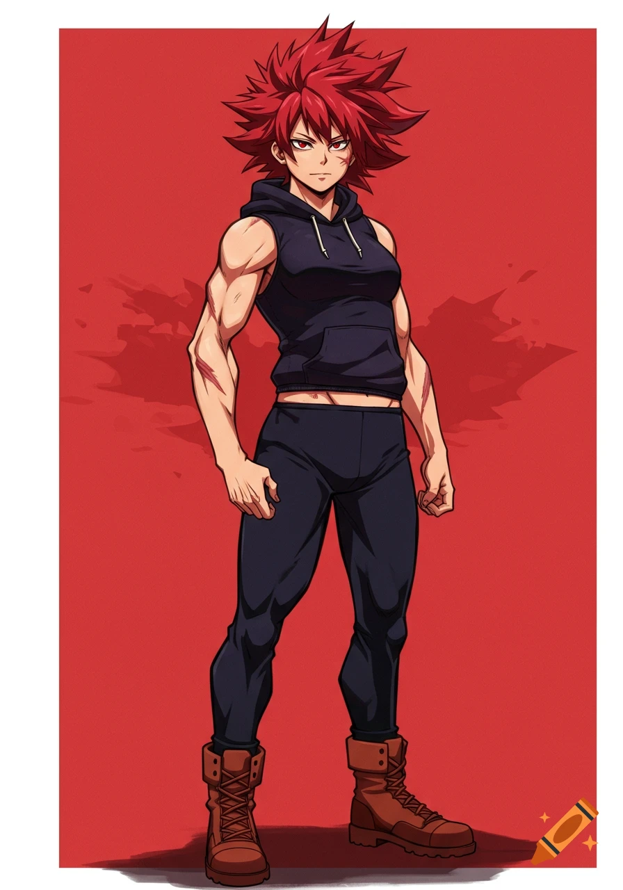 Anime-style young woman with spiky red hair, muscular build, and scars, wearing a dark hoodie, pants, and brown boots, stands confidently against a red background.