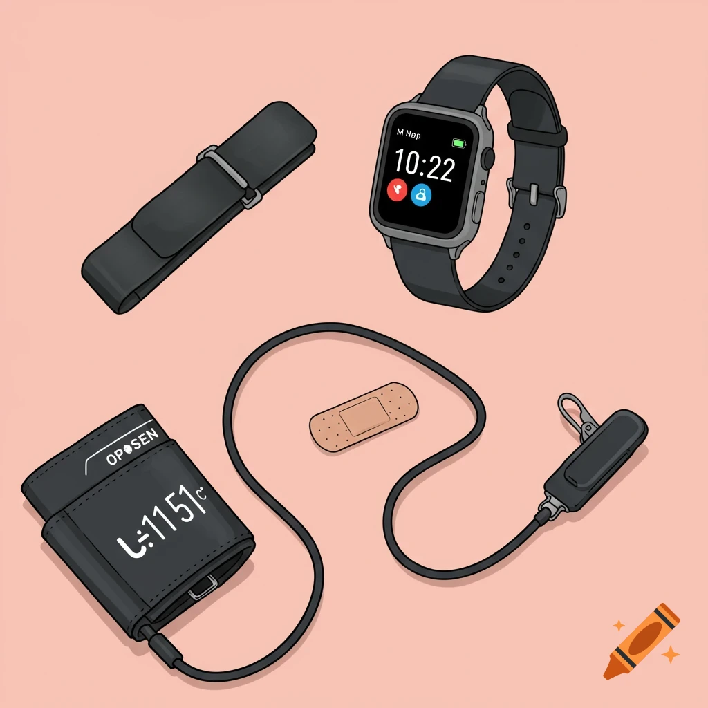 Clip art illustration of various health and medical devices: a chest strap, a smartwatch, a bandage, a blood pressure arm cuff, and a finger clip.