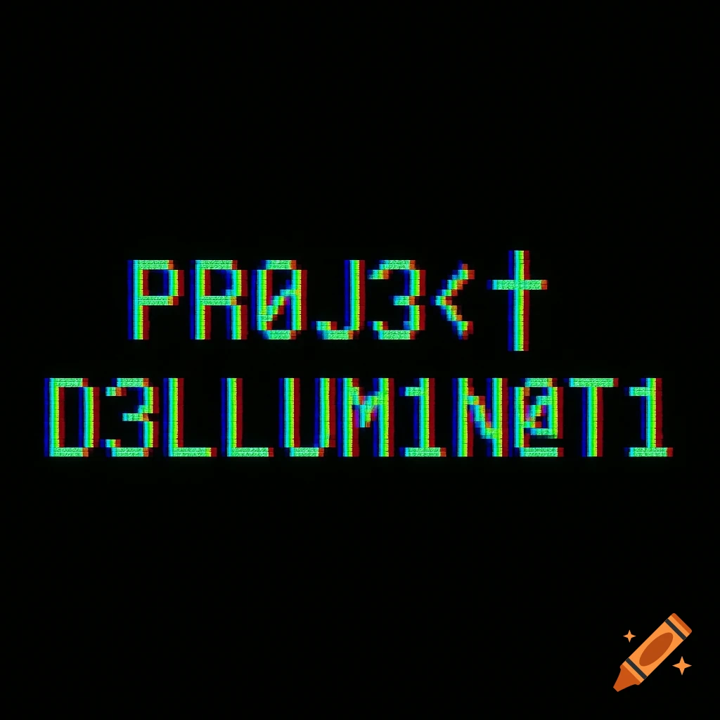 Pixelated green, red, and blue text 'PR0J3<† D3LLUM1N@T1' on a black background, resembling a glitch effect.