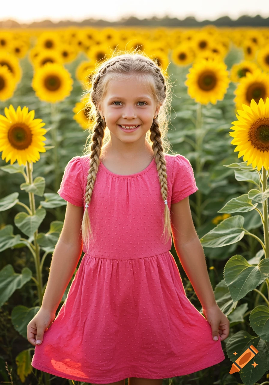 A smiling girl with braided pigtails in a pink dress stands in a sunny field of sunflowers.