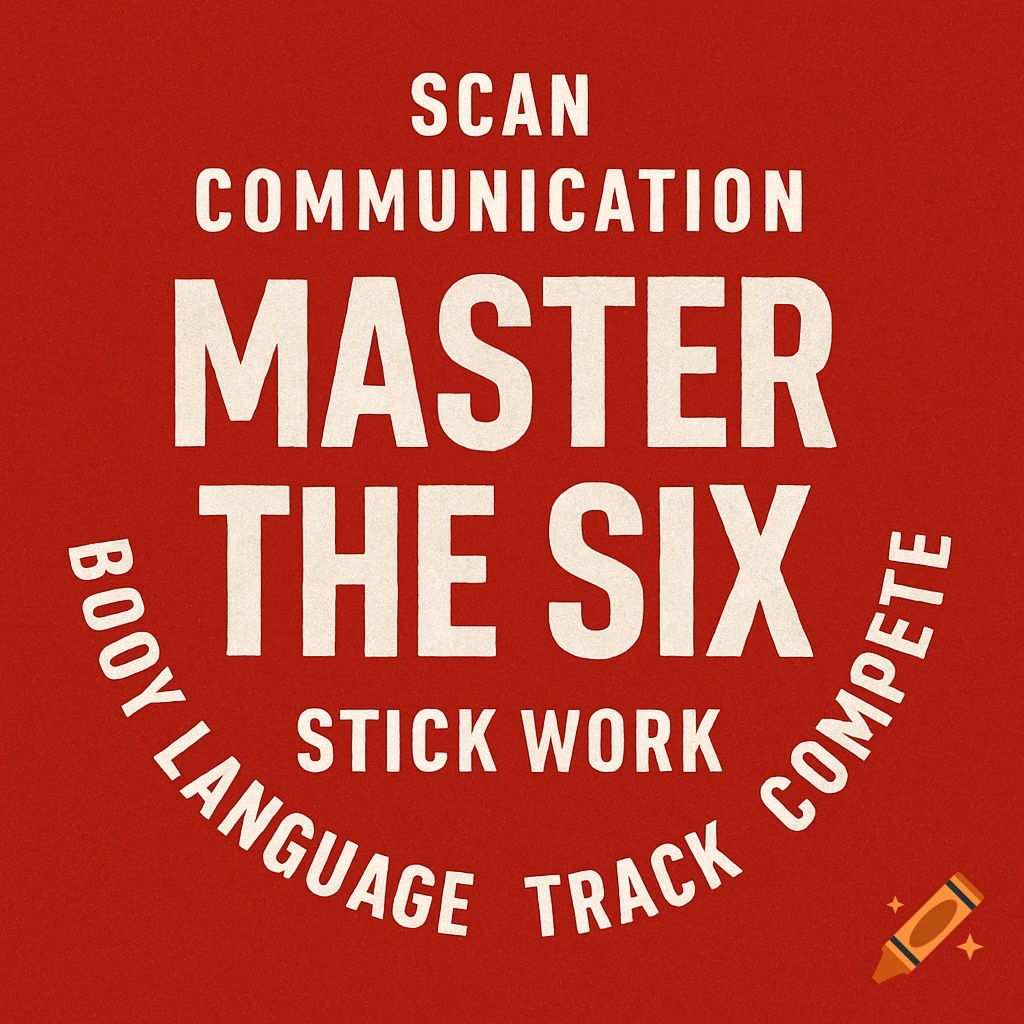 Graphic design on a red background with white text saying 'MASTER THE SIX' centrally, surrounded by 'SCAN', 'COMMUNICATION', 'BOOY LANGUAGE', 'STICK WORK', 'TRACK', and 'COMPETE'.