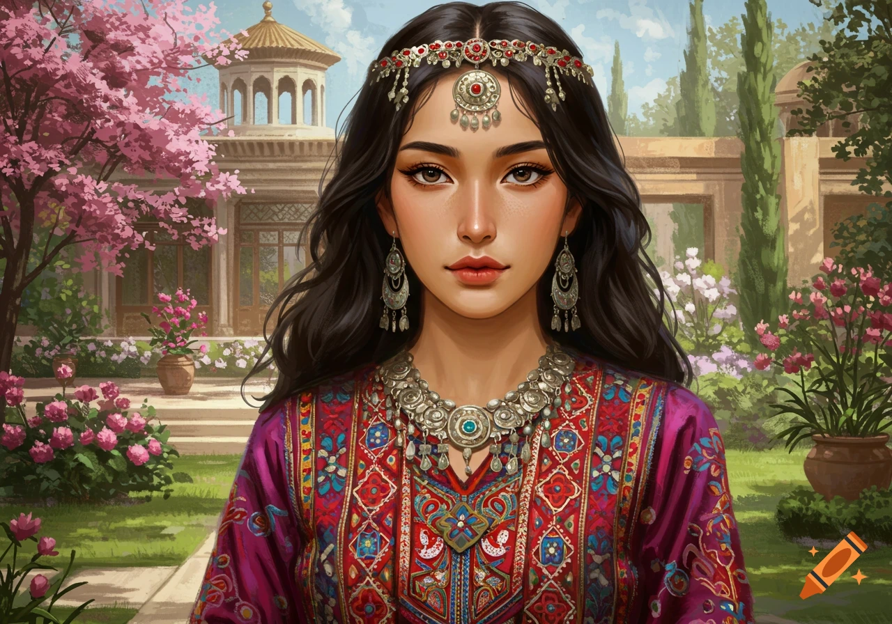A woman with dark hair and intricate jewelry wears a vibrant, patterned dress in a lush garden with pink trees and a grand building.