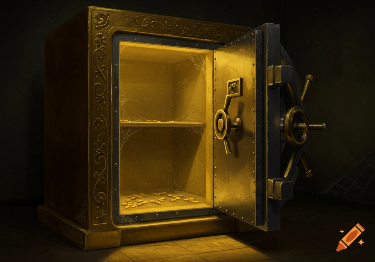 An open golden safe with cobwebs and a few gold coins inside, in an illustrative style.