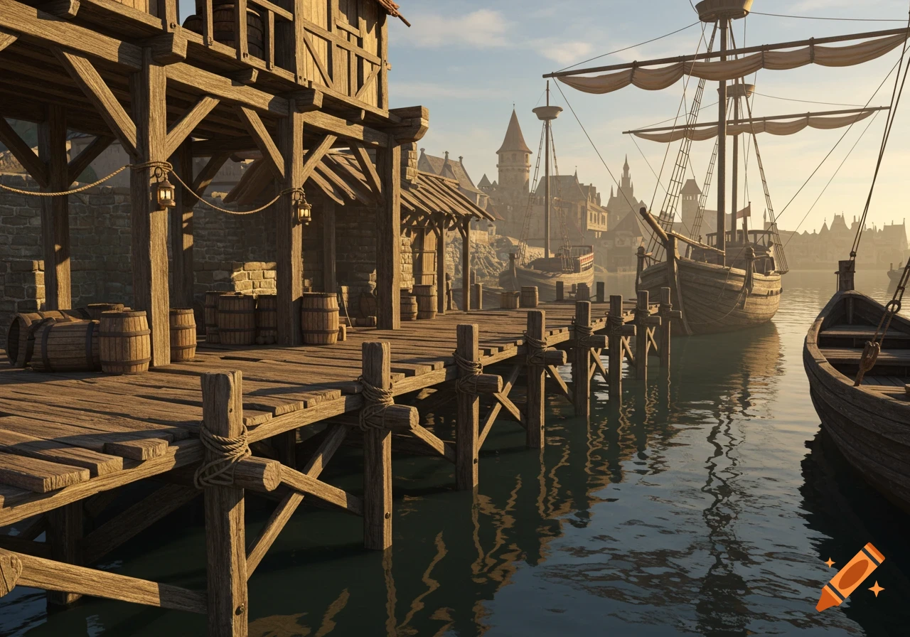A detailed view of medieval wooden docks with sailing ships and a town in the background under a clear sky.