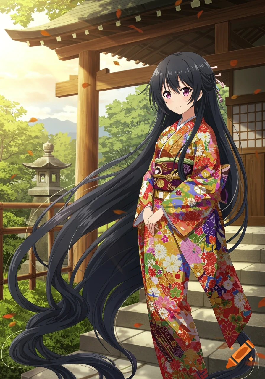 An anime girl with long black hair wears a colorful kimono while standing near a traditional Japanese temple at sunset.