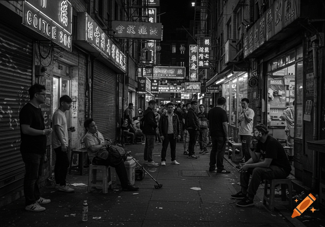 Black and white photograph of a busy Chinatown street at night, illuminated by neon signs and bustling with people.