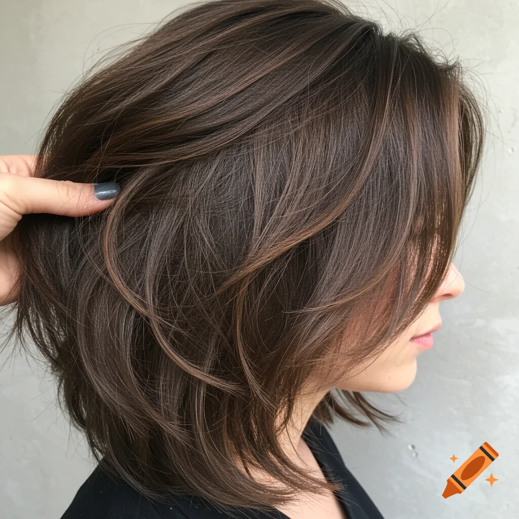 Close-up side profile of a woman with a voluminous layered brown bob haircut, a hand touching her hair.