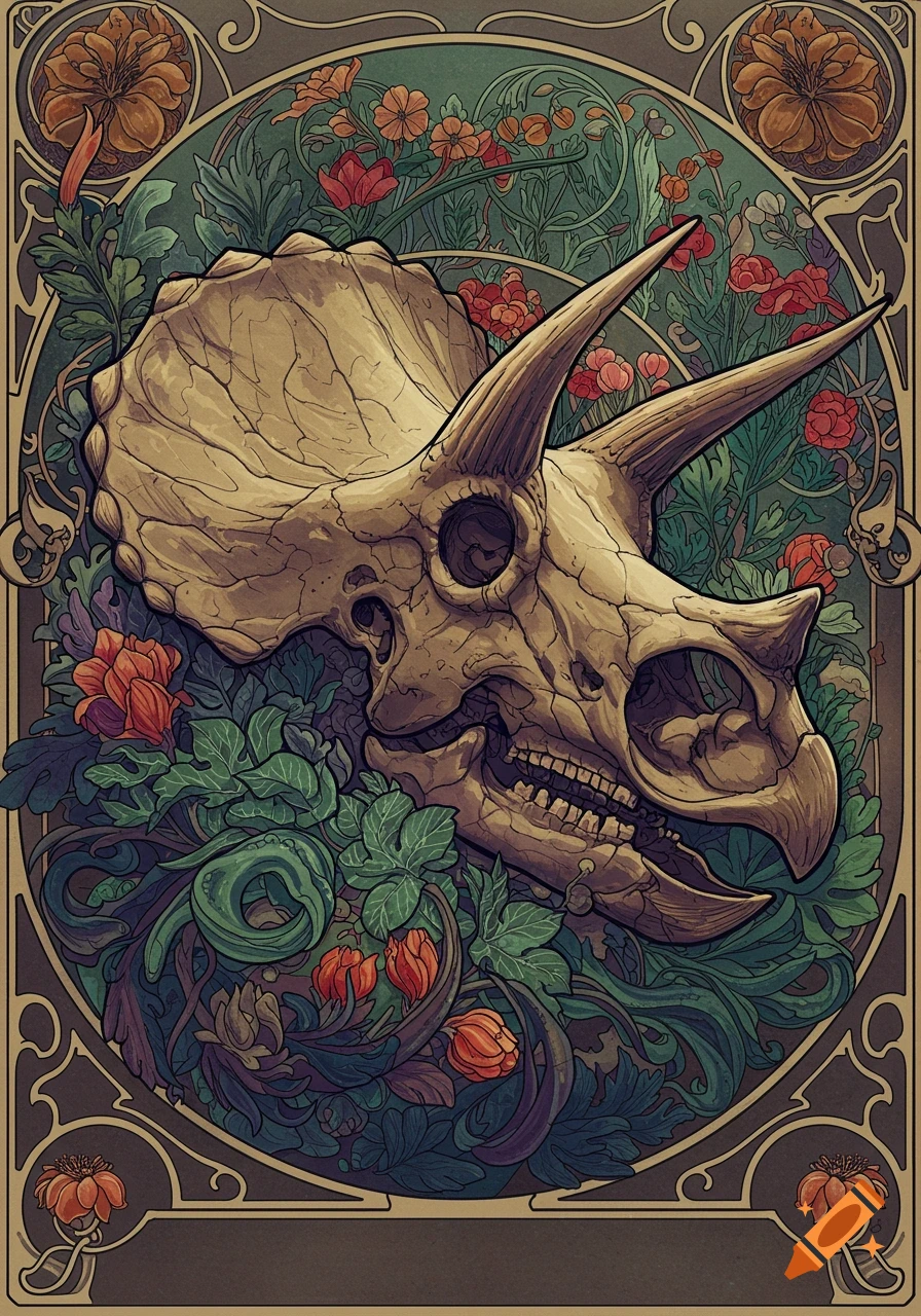 Detailed Art Nouveau illustration of a triceratops skull entangled in green foliage and orange and red flowers.