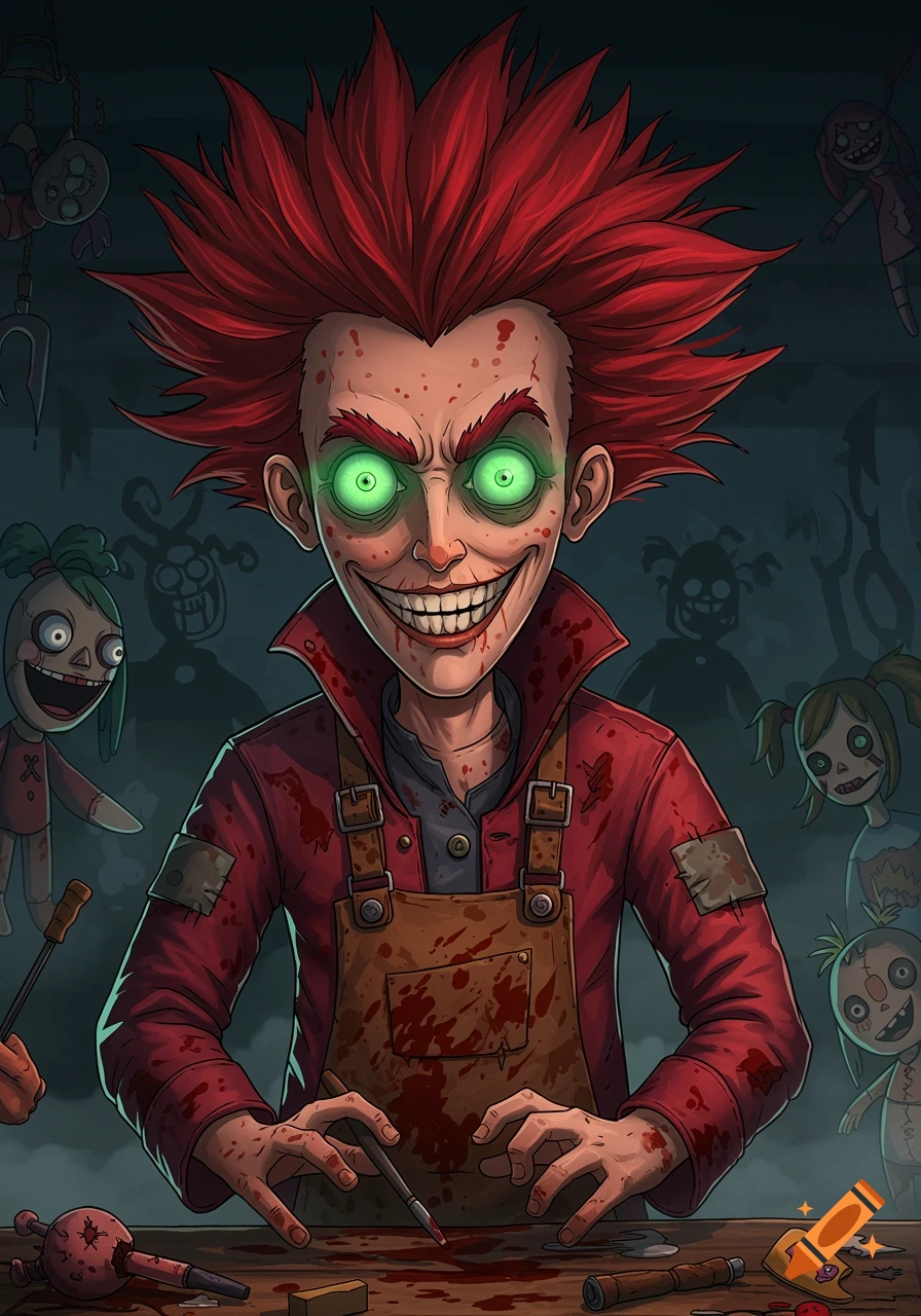 A creepy, red-haired toy maker with glowing green eyes and a sinister smile sits at a blood-stained table in a dark workshop surrounded by broken dolls, in a horror cartoon style.