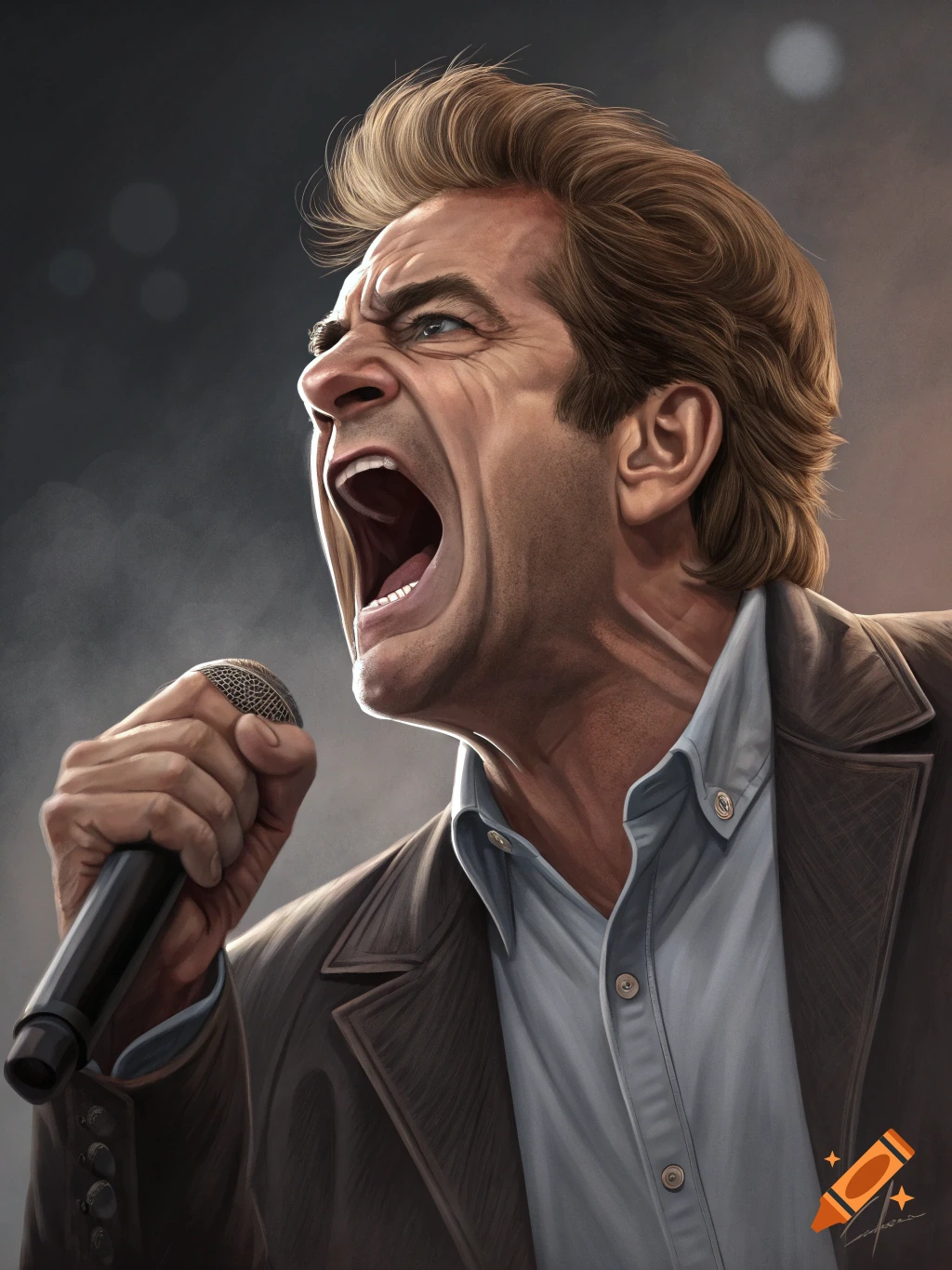 A stylized portrait of a man resembling Huey Lewis, screaming into a microphone with intense emotion.