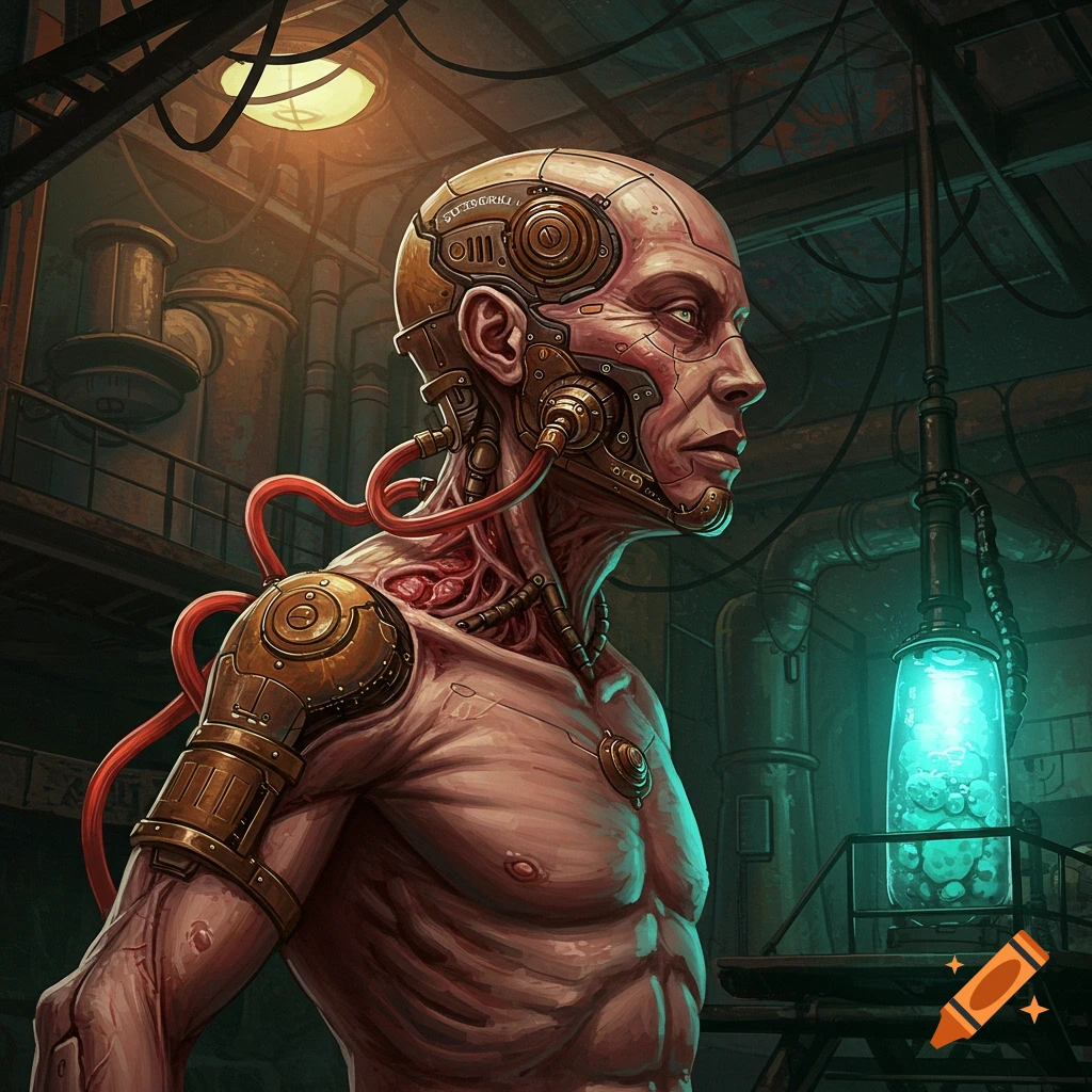 A detailed illustration of a biopunk entity with mechanical parts on its head and shoulder, in a dark, industrial setting.