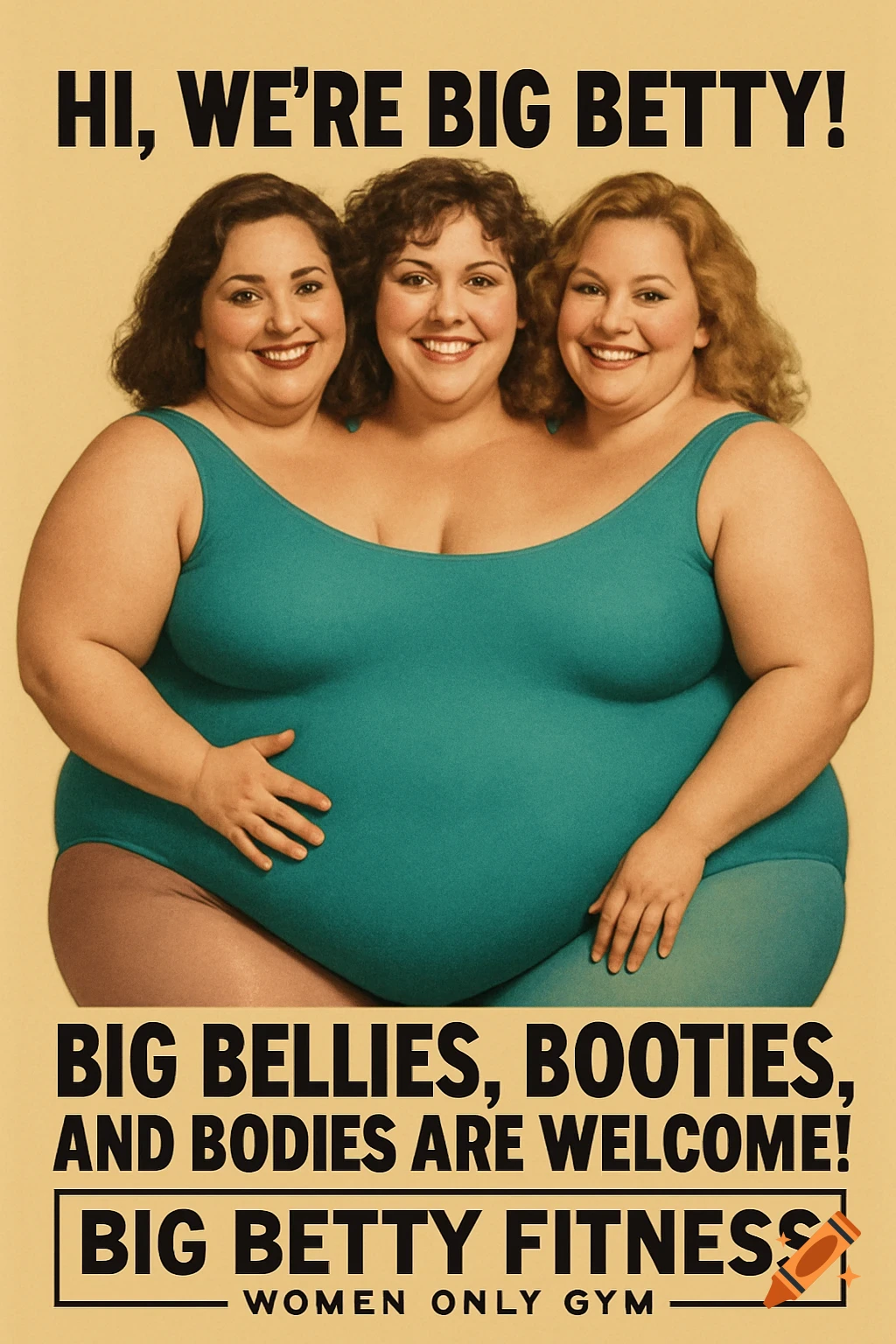 Three smiling plus-size women in a single teal swimsuit, creating a three-headed illusion, on a vintage-style ad poster for 'Big Betty Fitness' gym.